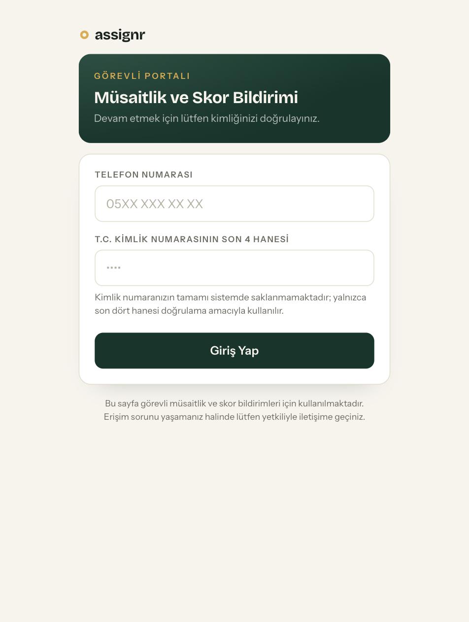 Görevli portalı giriş ekranı: telefon numarası ve T.C. kimlik son 4 hane alanları